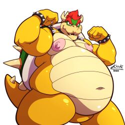  2024 anthro areola armband belly big_areola big_belly big_nipples bowser bracelet claws collar colored digital_drawing_(artwork) digital_media_(artwork) dkmate1 finger_claws flexing flexing_bicep flexing_both_biceps hair hi_res horn huge_areola jewelry koopa krok_(artist) male mario_bros musclegut muscular muscular_anthro muscular_male navel nintendo nipples overweight overweight_anthro pecs portrait scales scalie shaded sharp_teeth solo spiked_armband spiked_bracelet spiked_collar spikes spikes_(anatomy) tan_body tan_scales teeth thick_thighs three-quarter_portrait yellow_body yellow_scales 
