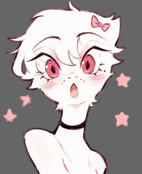  accessory ambiguous_nudity anthro blush bow_ribbon cherryvly choker eyelashes female grey_background hair_accessory hair_ribbon hairbow hi_res jewelry looking_at_viewer markings mole_(marking) necklace pink_eyes pit_organ pit_viper pixie_cut reptile ribbons scalie simple_background snake solo star_symbol surprised viper wide_eyed 