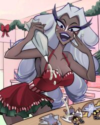  absurdres adam_(hazbin_hotel) alternate_costume apron bare_shoulders black_eyes breasts christmas colored_eyelashes cookie cream dark-skinned_female dark_skin emily_(hazbin_hotel) female food freckles gingerbread_cookie grey_hair hazbin_hotel hellaverse highres kitchen large_breasts lips long_hair open_mouth pinksartdump sera_(hazbin_hotel) smile 