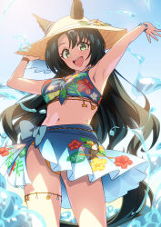  absurdres animal_ears armpits arms_up baasaku_(balasaku24) bead_bracelet beads bikini bird black_hair blue_bikini blue_sarong blue_sky blush bracelet breasts ears_through_headwear female floral_print floral_print_bikini floral_print_sarong flower green_eyes hair_between_eyes hat hat_flower highres horse_ears horse_girl horse_tail jewelry long_hair looking_at_viewer medium_breasts multicolored_hair navel necklace official_alternate_costume official_alternate_hairstyle open_mouth outdoors print_bikini sarong satono_crown_(sunny_island_splendor)_(umamusume) satono_crown_(umamusume) sky smile solo straw_hat streaked_hair sun_hat swimsuit tail toucan umamusume water white_hair 