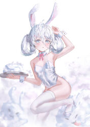  :o absurdres ahoge animal_ears arm_pouch armpits bare_shoulders blush breasts chinese_commentary commentary_request covered_navel detached_collar fake_animal_ears fake_tail female foot_out_of_frame hair_between_eyes hair_ornament hairclip high_heels highres holding holding_tray leotard medium_hair open_mouth original pink_ribbon playboy_bunny rabbit_ears rabbit_tail ressec ribbon shoes sidelocks simple_background sleeveless small_breasts solo tail thighhighs thighs tray white_background white_eyes white_leotard white_shoes white_thighhighs white_wrist_cuffs wrist_cuffs 