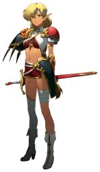  armor arms_behind_back asymmetrical_legwear bandaged_leg bandages bikini_armor blonde_hair boots breasts closed_mouth dark-skinned_female dark_skin demon demon_girl earrings faulds female full_body gem hair_between_eyes headband high_heel_boots high_heels highleg highres holding holding_sheath holding_sword holding_weapon jewelry langrisser langrisser_ii langrisser_mobile long_bangs long_hair looking_at_viewer medium_breasts midriff navel official_art pauldrons pointy_ears ponytail red_gemstone sheath sheathed shiny_skin shoulder_armor simple_background skirt smile solo sonia_(langrisser) standing stud_earrings sword tachi-e thighhighs third-party_source transparent_background variant_set very_long_ears very_long_hair weapon white_boots white_headband white_skirt white_thighhighs yellow_eyes 
