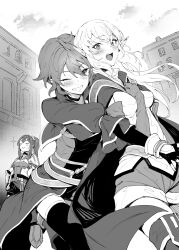  3girls :&gt; alise_lovell ardee_varma arm_between_breasts armor astraea_record between_breasts blush breastplate breasts cape closed_eyes closed_mouth commentary_request cropped_jacket dungeon_ni_deai_wo_motomeru_no_wa_machigatteiru_darou_ka elbow_gloves elf fingerless_gloves gloves greyscale grin highres hug hug_from_behind kakage long_hair medium_breasts monochrome multiple_girls novel_illustration official_art one_eye_closed open_mouth outdoors pointy_ears ponytail ryu_lion second-party_source shirt short_hair shorts sidelocks smile surprised 