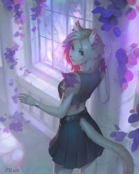  2023 5_fingers accessory anthro arm_tuft artist_logo artist_name belt black_nose bottomwear bracelet chain_jewelry chains clothed clothing detailed_background digital_media_(artwork) digital_painting_(artwork) domestic_cat eruca exposed_back eyebrows eyelashes facial_piercing felid feline felis female fingernails fingers flower fully_clothed fur grey_clothing hair hand_on_wall hi_res inner_ear_fluff jewelry leg_tuft lip_piercing lip_ring logo looking_back mammal midriff multicolored_body multicolored_fur multicolored_hair nails painting_(artwork) petals piercing pink_hair plant portrait purple_eyes ring_piercing shoulder_tuft signature simple_background skirt sleeveless_topwear snakebite_piercing solo standing tail teeth text thigh_tuft three-quarter_portrait topwear tuft two_tone_body two_tone_fur white_background white_body white_fur window window_sill 