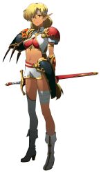  armor arms_behind_back asymmetrical_legwear bandaged_leg bandages bikini_armor blonde_hair boots breasts closed_mouth dark-skinned_female dark_skin demon demon_girl earrings faulds female full_body gem hair_between_eyes headband high_heel_boots high_heels highleg highres holding holding_sheath holding_sword holding_weapon jewelry langrisser langrisser_ii langrisser_mobile long_bangs long_hair looking_at_viewer medium_breasts midriff navel official_art pauldrons pointy_ears ponytail red_gemstone second-party_source sheath sheathed shiny_skin shoulder_armor simple_background skirt smile solo sonia_(langrisser) standing stud_earrings sword tachi-e thighhighs transparent_background variant_set very_long_hair weapon white_boots white_headband white_skirt white_thighhighs yellow_eyes 