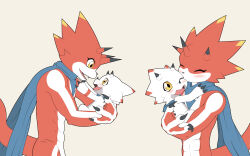  anthro bandai_namco betelgammamon blush brother_(lore) brothers_(lore) claws digimon digimon_(species) duo evolutionary_family gammamon hi_res hug kerchief kissing_cheek male male/male neckerchief neckwear red_body scarf sibling_(lore) size_difference smile tmdduq6918 white_body yellow_eyes 
