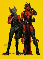  abs adjusting_clothes adjusting_necktie animal_ears bag bat_boy bat_ears belt black_hair boots breasts chains cleavage colored_skin demon_girl demon_horns dispatch dress earrings elbow_gloves fangs female gloves hair_bun hand_in_pocket hand_on_own_hip handbag height_difference high_heels highres horns jacket jewelry large_breasts looking_to_the_side malevola_(dispatch) muscular muscular_female necklace necktie no_pupils pants purple_dress purple_necktie red_shirt red_skin ring shirt sleeves_rolled_up sonar_(dispatch) striped_clothes striped_pants thigh_boots umikochannart veins veiny_arms vest watch white_eyes wristwatch yellow_background yellow_eyes 