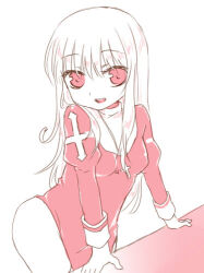  breasts commentary_request cowboy_shot cross cross_necklace dress female haruno_ichigo jewelry juliet_sleeves leaning_forward long_hair long_sleeves looking_at_viewer lowres medium_breasts monochrome necklace open_mouth pink_theme priest_(ragnarok_online) puffy_sleeves ragnarok_online simple_background smile solo 