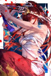  arm_tattoo artist_name breasts chest_sarashi commentary dated earrings erza_scarlet fairy_tail fairy_tail_logo falling_petals female fighting_stance hair_over_one_eye high_ponytail highres holding holding_sword holding_weapon japanese_clothes jewelry knee_up long_hair looking_at_viewer medium_breasts midriff navel pants petals ponytail red_eyes red_hair red_pants red_petals sarashi sidelocks solo sparkle sword sword_tassel tassel tattoo upper_body weapon xuchuan 