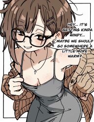  armpits asami-chan bare_shoulders bent_over black-framed_eyewear body_freckles breast_freckles breasts bright_pupils brown_hair collarbone cowboy_shot cross cross_necklace dress earrings english_text female freckles grey_dress grin hair_ornament hairclip highres hozuki_asami_(asami-chan) jewelry looking_at_viewer necklace off_shoulder open_clothes original short_hair small_breasts smile solo white_pupils 