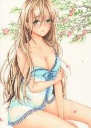  absurdres aqua_babydoll aqua_bow aqua_panties arm_at_side arm_support babydoll between_legs blonde_hair bow branch breasts cleavage closed_mouth collarbone commentary covered_navel expressionless falling_petals feet_out_of_frame female flower green_eyes hair_between_eyes hand_between_legs highres large_breasts lingerie long_bangs long_hair looking_at_viewer marker_(medium) midori_(mira567) original panties petals pink_flower see-through_babydoll see-through_clothes simple_background sitting solo strap_slip traditional_media underwear white_background 
