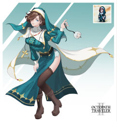  black_thighhighs blue_eyes blue_nails boots breasts brown_boots brown_hair cape center_frills character_charm charm_(object) commentary_request copyright_name cross cross_necklace dress female frills full_body green_background green_dress green_veil guimpe hair_over_one_eye hand_on_own_thigh highres holding holding_charm jewelry juliet_sleeves latin_cross leaning_forward long_sleeves looking_at_viewer medium_breasts multiple_necklaces nail_polish necklace nun octopath_traveler octopath_traveler_ii one_eye_covered pelvic_curtain photo_inset ptdoge puffy_sleeves rosary short_hair smile solo thighhighs throne_anguis two-tone_background veil white_background white_cape 