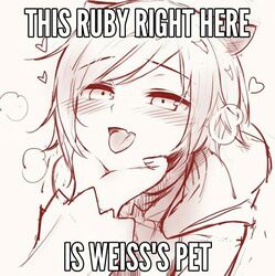  1girls animal_ears blush blush_lines chin_grab chin_hold cute eyebrows_visible_through_hair female femsub happy_female happy_sub heart love loving_gaze loving_it loving_look meme monochrome pet_play petplay ruby_rose rwby safe short_hair spoken_heart submissive submissive_female tomboy weiss_schnee wholesome willing_sub 