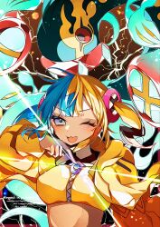  aqua_hair bandeau black_mask blonde_hair blue_eyes blue_skin blush breasts canari_(pokemon) colored_sclera colored_skin criss-cross_straps dark-skinned_female dark_skin eel eelektross electricity fangs female fish highres jacket lamprey long_sleeves looking_at_viewer mask mask_pull medium_breasts mega_eelektross mega_pokemon mega_stone mouth_mask multicolored_hair multicolored_skin one_eye_closed open_mouth pokemon pokemon_(creature) pokemon_legends:_z-a red_sclera short_twintails smile split-color_hair sports_bra to_camellia twintails two-tone_hair two-tone_mask two-tone_skin upper_body white_skin yellow_bandeau yellow_jacket yellow_mask yellow_sports_bra 