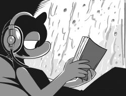  anthro book clothed clothed_anthro clothed_male clothing demon electronics hair half-closed_eyes headphones holding_book holding_object horn imp male monochrome mouthless narrowed_eyes not_furry pith raining reading reading_book shyguy9 solo window 