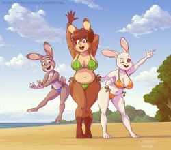  2025 anthro beach beastars belly big_breasts bikini bikini_bottom bikini_top breasts brown_body brown_fur brown_hair buckteeth clothing cloud crossover digital_media_(artwork) disney domestic_rabbit dwarf_rabbit european_rabbit female fur grey_body grey_fur group hair haru_(beastars) hi_res judy_hopps lagomorph leporid looking_at_viewer mammal multicolored_body multicolored_fur navel netherland_dwarf_rabbit one_eye_closed open_mouth oryctolagus plant purple_eyes rabbit ria_(sammfeatblueheart) sammfeatblueheart sand seaside sky slightly_chubby swimwear teeth tree trio two-piece_swimsuit two_tone_body two_tone_fur water wink winking_at_viewer zootopia 