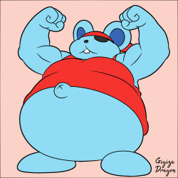  2025 anthro belly big_belly black_nose blue_body clothing eye_patch eyewear gigizadragon hi_res kirby_(series) kirby_squeak_squad male mammal mouse murid murine navel nintendo overweight overweight_male rodent shirt simple_background solo standing storo topwear 