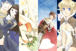  2boys 3girls armor belt blonde_hair blue_dress blue_eyes blue_hair blunt_bangs breastplate breasts brown_belt brown_cape brown_eyes brown_hair brown_tabard cape carrying celestial_s cleavage closed_eyes closed_mouth column_lineup crescent crescent_hair_ornament cross cross_necklace cross_of_prontera dress feet_out_of_frame fur-trimmed_cape fur_trim green_hair grin hair_ornament hanbok high_wizard_(ragnarok_online) jewelry juliet_sleeves korean_clothes long_hair long_sleeves looking_at_viewer lord_knight_(ragnarok_online) lunatic_(ragnarok_online) medium_breasts multiple_boys multiple_girls necklace open_mouth paladin_(ragnarok_online) pauldrons pointy_ears priest_(ragnarok_online) princess_carry puffy_sleeves purple_eyes rabbit ragnarok_online red_cape short_hair shoulder_armor smile soul_linker_(ragnarok_online) tabard white_dress white_hanbok 