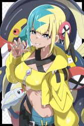  absurdres aqua_hair bandeau belt black_belt black_pants blonde_hair blue_eyes blue_pants breasts canari_(pokemon) colored_sclera criss-cross_straps dark-skinned_female dark_skin eel eelektrik eelektross evolutionary_line female fish highres jacket lamprey large_breasts long_sleeves looking_at_viewer mega_stone multicolored_hair multicolored_nails navel open_mouth pants pokemon pokemon_(creature) pokemon_legends:_z-a red_sclera shabana_may short_twintails smile split-color_hair sports_bra twintails two-tone_hair two-tone_pants tynamo wet yellow_bandeau yellow_jacket yellow_sports_bra 