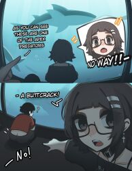  1boy ? animal aquarium black-framed_eyewear black_choker black_eyes black_hair black_shirt blunt_bangs butt_crack choker commentary cross cross_earrings earrings english_commentary english_text female glasses hair_ornament hairclip highres jewelry looking_at_viewer mikuneki notice_lines open_mouth original parallel_hairclips pointing pointing_at_another riyo_kaede_(mikuneki) scene_reference semi-rimless_eyewear shark shirt short_hair under-rim_eyewear 