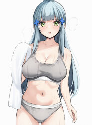  blue_hair blush breasts cleavage commentary cross curious facepaint female girls&#039;_frontline green_eyes hair_ornament hairclip hand_up highres hk416_(girls&#039;_frontline) holding holding_towel iron_cross large_breasts long_hair looking_at_viewer navel panties ponytail solo sports_bra standing staring stomach surprised sweat tabii teardrop thighs towel underwear underwear_only very_long_hair white_panties 