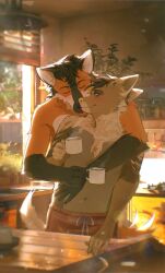  anthro backlighting bottomwear brown_body brown_fur brown_hair canid canine ceiling closed_eyes closed_smile clothed clothing container cup day detailed_background digital_media_(artwork) duo eli_(themanedone) fennechino film_grain front_view fur hair hi_res holding_container holding_cup holding_mug holding_object hug hugging_another hugging_from_behind inside internal_wall kitchen leg_markings light lighting looking_at_another male male/male male_anthro mammal maned_wolf markings monopoly360 mouth_closed mug navel orange_body orange_fur plant shaded smile socks_(marking) steam tail tan_body tan_fur topless wall_(structure) white_body white_fur 