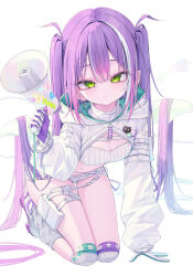  333shishishi333 absurdres bandeau boots breasts center-flap_bangs chain_earrings chains cleavage commentary cross cross_earrings demon_girl demon_tail demon_wings double-parted_bangs earrings expressionless female full_body gloves goggles gradient_hair green_eyes grey_socks hair_between_eyes highres holding holding_megaphone hololive hooded_shrug jewelry knee_pads kneeling long_hair long_sleeves looking_at_viewer loose_socks megaphone micro_shorts midriff mismatched_earrings multicolored_hair navel official_alternate_costume official_alternate_hairstyle pink_hair pointy_ears ponytail pouch puffy_long_sleeves puffy_sleeves purple_hair roller_skates shorts shrug_(clothing) skates ski_goggles small_breasts socks solo streaked_hair tail thigh_pouch thigh_strap tokoyami_towa tokoyami_towa_(cyberpunk) turtleneck twintails virtual_youtuber white_bandeau white_boots white_gloves white_hair white_shorts white_shrug white_wings wings 