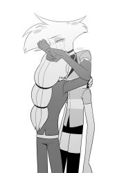  4_arms angel_dust anthro arachnid arthropod bodily_fluids charlie_morningstar clothed clothing crying demon demon_humanoid duo enaic31 female hazbin_hotel hellaverse hi_res hug humanoid male monochrome multi_arm multi_limb spider tears 