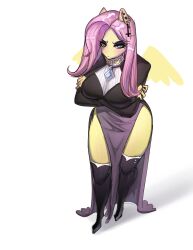  2024 5_fingers anthro anthrofied big_breasts black_clothing black_eyeshadow black_knee_boots black_shirt black_topwear blue_eyes blush bottomwear breasts clothed clothed_anthro clothed_female clothing colored crossed_arms digital_drawing_(artwork) digital_media_(artwork) ear_piercing ear_ring english_description equid equine eyebrows eyelashes eyeshadow feathered_wings feathers female female_anthro fingers fluttershy_(mlp) friendship_is_magic furrowed_brow furrowed_eyebrows grumpy hair hasbro hi_res jewelry light lighting long_hair looking_at_viewer makeup mammal mouth_closed mskend_a my_little_pony mythological_creature mythological_equine mythology necklace pegasus piercing pink_eyebrows pink_hair pupils purple_bottomwear purple_clothing purple_skirt ring_piercing shaded shirt simple_background skirt solo standing topwear white_background white_pupils wings yellow_wings 