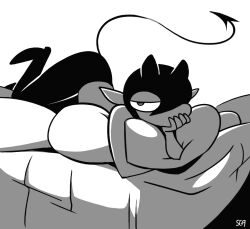  anthro bed bottomwear clothed clothing demon furniture hair half-closed_eyes horn hug hugging_object hugging_pillow imp looking_at_viewer lying lying_on_bed male monochrome mouthless narrowed_eyes not_furry on_bed on_front pants pillow pith raised_tail shyguy9 signature solo spade_tail tail topless topless_anthro topless_male 