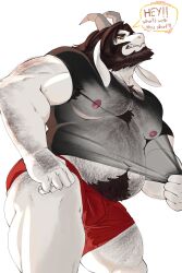  1boy arm_hair asgore_dreemurr bara bare_pectorals beard belly biceps black_hair boxers chest_hair clenched_teeth english_commentary english_text facial_hair fat floppy_ears furry furry_male goat_horns highres horns leg_hair looking_at_viewer looking_down male_focus male_underwear navel nipples oxytank pectorals plump red_eyes red_male_underwear speech_bubble stomach_hair teeth underfell undertale underwear utdr_(toby_fox) white_background white_fur 
