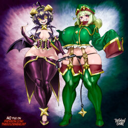  2girls ahoge arm_at_side artist_name bat_brooch bat_wings belt black_nails black_panties boots breastless_clothes breasts bridal_gauntlets commentary corset covered_knees cross cross-shaped_pupils cross_facial_mark cross_pasties curvy demon_girl double_bun english_commentary facial_mark fangs fold-over_gloves forward-facing_horns full_body gloves glowing glowing_eyes green_boots green_gloves green_hair green_hat green_jacket grin groin hair_bun hand_up hands_up hat high_heel_boots high_heels holding holding_riding_crop horns huge_breasts jacket large_breasts leoparde_(mahou_shoujo_ni_akogarete) long_sleeves looking_at_viewer lowleg lowleg_panties lowleg_pants magia_baiser mahou_shoujo_ni_akogarete midriff military_hat military_jacket mole mole_under_eye multiple_girls navel no_pants open_mouth paid_reward_available panties pants pasties patreon_username purple_corset purple_gloves purple_hair purple_pants purple_shoes revealing_clothes riding_crop sharp_teeth shoes short_hair short_sleeves shrug_(clothing) skindentation sleeves_past_fingers sleeves_past_wrists small_breasts smile standing star_(symbol) star_pasties stomach suspenders symbol-shaped_pupils teeth the_golden_smurf thick_thighs thighs underwear white_shrug wide_hips wings yellow_eyes yellow_horns 