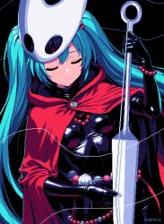  aqua_hair artist_name bead_bracelet bead_necklace beads black_background black_cloak bodysuit bracelet breasts cloak closed_eyes closed_mouth cosplay covered_navel female hashtag-only_commentary hatsune_miku highres hollow_knight horned_mask hornet_(hollow_knight) hornet_(hollow_knight)_(cosplay) horns instrument jewelry latex latex_bodysuit long_hair mask music necklace needolin_(hollow_knight) pixel_art playing_instrument red_cloak simple_background skin_tight small_breasts sogemaji solo thread twintails two-sided_cloak two-sided_fabric very_long_hair white_mask 