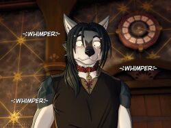  4:3 anthro arm_markings black_hair blue_body blue_fur bodily_fluids canid canine canis chromakoros clothing collar fur hair koros_whitefang long_hair looking_down male mammal markings ponytail shirt shoulder_markings solo surprised sweat topwear tunic whimper white_body wide_eyed wolf 