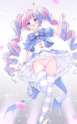  :o arino_ayarei arm_behind_back blue_archive blue_bow blue_bowtie blue_dress blue_eyes blush bow bow_panties bowtie chinese_commentary commentary corset dress drill_hair earrings female from_below full_body gloves halo hand_up highres hip_focus jewelry long_hair looking_at_viewer magical_girl multicolored_hair panties pink_hair pink_halo reisa_(blue_archive) reisa_(magical)_(blue_archive) short_dress short_sleeves side-tie_panties solo standing standing_on_one_leg star_(symbol) star_earrings star_halo streaked_hair striped_clothes striped_panties striped_thighhighs surprised thigh_gap thighhighs thighs twin_drills twintails two-tone_hair underwear upskirt very_long_hair white_corset white_gloves wide-eyed 