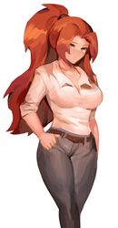  1girl better_version_at_source big_breasts business_suit business_woman gebura_(lobotomy_corporation) library_of_ruina lobotomy_corporation looking_at_viewer milf morchkins muscular_female ponytail project_moon red_hair thick_thighs twitter_sample white_background yellow_eyes 