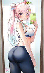  absurdres airani_iofifteen ass blue_bow blue_hair blue_pants blush bow breasts cellphone dreadpunk english_commentary female gradient_hair green_hairband hair_bun hair_ornament hairband hairbow highres holding holding_phone hololive hololive_indonesia long_hair looking_at_mirror medium_breasts midriff mirror multicolored_hair palette_hair_ornament pants phone pink_hair pink_hairband purple_eyes reflection selfie side_ponytail signature single_hair_bun smartphone solo sports_bra standing taking_picture tight_clothes twisted_torso two-tone_hairband virtual_youtuber white_sports_bra workout_clothes yoga_pants 