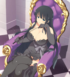  armpit_crease black_dress black_gloves black_hair black_thighhighs blue_eyes blunt_bangs blush breasts cleavage collarbone crossed_legs dominatrix dress elbow_gloves evening_gown female gloves gold gown hime_cut holding holding_riding_crop ikaruga_(senran_kagura) indoors large_breasts light_particles long_hair looking_at_viewer non-web_source official_art parted_lips riding_crop senran_kagura senran_kagura_new_wave senran_kagura_shoujo-tachi_no_shin'ei shiny_skin side_slit sitting_on_throne smile smirk solo sparkle thighhighs throne tile_floor tiles very_long_hair waist_ribbon 