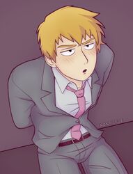  1boy arataka_reigen arms_behind_back clothed franticfoe_(artist) hands_behind_back looking_up male_focus male_only mob_psycho_100 on_floor sitting sitting_on_floor softcore submissive_male suit suit_and_tie tight_clothing viewed_from_above 