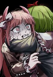  2girls arms_around_neck ashitaba_yade bad_id bad_twitter_id black_background black_shirt bow clenched_teeth commentary crying crying_with_eyes_open danganronpa_(series) danganronpa_another_episode:_ultra_despair_girls dress frills green_hair hair_ribbon hairbow highres holding hug long_hair long_sleeves multiple_girls pink_eyes pink_hair red_ribbon ribbon scared shirt short_hair tears teeth towa_monaca twintails upper_body utsugi_kotoko 