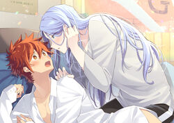  2boys alternate_hair_length alternate_hairstyle bed blue_eyes blue_hair blush eye_contact hand_on_another&#039;s_shoulder hasegawa_langa highres kyan_reki long_hair looking_at_another male_focus multiple_boys open_mouth pillow red_hair sk8_the_infinity uppi yaoi yellow_eyes 