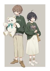  1boy ahoge alternate_hairstyle amatori_chika bag beige_background black_hair bob_cut brown_footwear brown_hair clothes_writing collared_shirt ema_yuzuru female full_body green_eyes green_sweater holding holding_stuffed_toy long_sleeves low_ponytail matching_outfits purple_eyes shirt shoes short_hair shoulder_bag shuijiao_tu side_ponytail skirt smile standing stuffed_animal stuffed_toy sweater teddy_bear white_footwear white_skirt world_trigger 