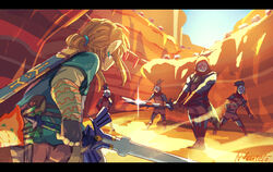  arrow_(projectile) battle belt black_hair blue_shirt boots champion&#039;s_tunic_(zelda) commentary earrings faceoff fingerless_gloves gleam gloves holding holding_sword holding_weapon jewelry letterboxed link mask master_sword multiple_boys pointy_ears ponytail quiver sand sheath shirt sword tetora_(ttr2011) the_legend_of_zelda the_legend_of_zelda:_breath_of_the_wild valley weapon yiga_clan yiga_clan_blademaster yiga_clan_footsoldier 