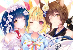  3girls :3 :q ahoge animal_ears bare_shoulders blonde_hair blue_hair blue_sailor_collar blue_shirt bow bowtie braid breasts brown_hair collarbone dress feline flower fox_ears fumi_(3rd_costume)_(nijisanji) fumi_(nijisanji) hair_flower hair_ornament hair_ribbon hoshikawa_sara hoshikawa_sara_(3rd_costume) japanese_clothes jewelry kabocha_usagi kimono long_hair looking_at_viewer maid_headdress medium_breasts multicolored_bow multiple_girls necklace nijisanji off_shoulder one_eye_closed orihimeboshi_(nijisanji) patterned_background red_eyes red_flower ribbon rose sailor_collar shirt short_hair short_sleeves simple_background smile strapless strapless_dress tongue tongue_out upper_body virtual_youtuber wavy_hair white_bow white_bowtie white_dress white_flower white_kimono x_hair_ornament yamagami_karuta yamagami_karuta_(2nd_costume) yellow_eyes 