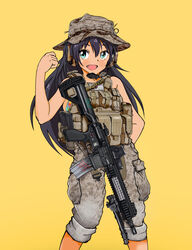  :d ammunition_pouch arm_behind_back assault_rifle bare_arms bare_shoulders bipod black_hair blue_eyes body_armor boonie_hat brown_hat brown_pants buckle bulletproof_vest camouflage camouflage_headwear camouflage_pants clenched_hand commentary_request desert_camouflage ear_protection feet_out_of_frame female ganaha_hibiki glock grey_pants gun gun_sling h&amp;k_hk416 hand_up handgun hat headset holstered idolmaster idolmaster_(classic) load_bearing_vest long_hair looking_at_viewer microphone nakamura_3sou no_shirt oerba_yun_fang open_mouth optical_sight pants pants_rolled_up patch pocket pouch rifle simple_background smile snap-fit_buckle solo standing very_long_hair weapon yellow_background 