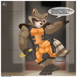  aaron_(artist) anthro bulge clothed clothing english_text fur guardians_of_the_galaxy male male_only mammal marvel raccoon rocket_raccoon speech_bubble text 