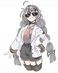  absurdres belt black_belt black_shorts black_thighhighs blush braid collared_shirt cropped_legs female garter_straps glasses gloves grey_shirt hand_on_own_hip highres jacket long_hair necktie nijisanji nijisanji_id orange_necktie plaid plaid_shorts shirt shirt_tucked_in shorts single_glove solo sunglasses thighhighs twin_braids unfamousradish very_long_hair virtual_youtuber white_background white_gloves white_jacket xia_ekavira 