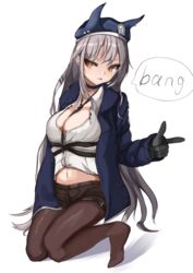  absurdres between_breasts black_gloves black_pantyhose black_shorts blue_choker blue_jacket blush breasts brown_eyes choker cleavage closed_mouth commentary_request english_text female girls&#039;_frontline gloves grey_hair highres jacket kneeling long_hair looking_at_viewer medium_breasts navel necktie necktie_between_breasts no_shoes open_clothes open_jacket pantyhose partial_commentary shirt shorts solo speech_bubble spr_a3g_(girls&#039;_frontline) spxn7787 tongue tongue_out white_background white_shirt 