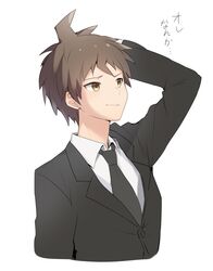  1boy arm_behind_head arm_up bad_id bad_pixiv_id black_jacket black_necktie brown_eyes brown_hair closed_mouth collared_shirt commentary cropped_torso danganronpa_(series) danganronpa_2:_goodbye_despair formal highres hinata_hajime hope&#039;s_peak_academy_school_uniform jacket long_sleeves male_focus necktie school_uniform shirt short_hair simple_background smile solo spiked_hair suit upper_body white_background white_shirt wing_collar yuhi_(hssh_6) 