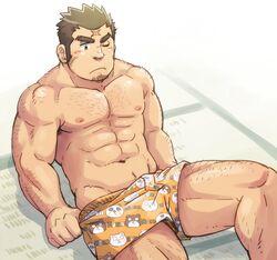  1boy abs arm_hair bara blush boxers brown_hair bulge chest_hair cross_scar facial_hair feet_out_of_frame hairy houzouin_oniwaka large_pectorals leg_hair long_sideburns male_focus male_underwear male_underwear_pull muscular muscular_male navel navel_hair nipples one_eye_closed orange_male_underwear pectorals pulling_own_clothes scar scar_on_face scar_on_forehead short_hair sideburns sitting solo spiked_hair stomach stubble suv_(suv032) thick_eyebrows thick_thighs thighs tokyo_afterschool_summoners topless_male underwear underwear_only undressing 